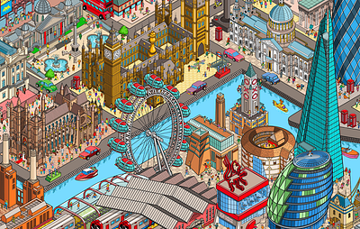 London: A Seek and Find isometric illustration advertising cities city detail illustration infographic isometric isometric art isometric design isometric illustration landscape london map panel pixel art pixelart where is waldo where is wally