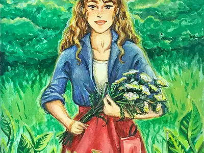 Girl gathering yarrow gouache illustration