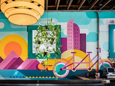 Tandem mural art bicycle bike bird branding denver design hand drawn hand painted identity illustration mountains mural painting public art skyline tandem bike wall art wall mural