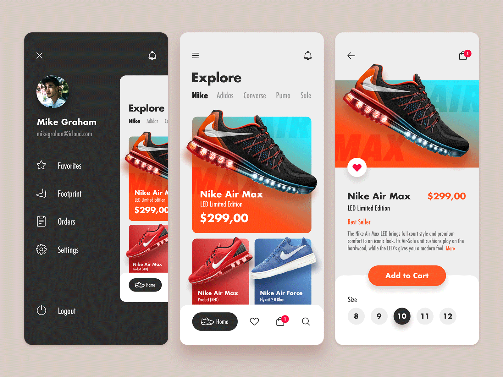 Footwear App – UI Concept app design footwear footwear app guireis ios ipad pro ipadproart iphonex nike nike air nike air max nike app online shop shop sneakers ui ui design uidesign vector vectornator