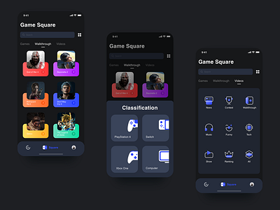 Gamer App 2 app black blue branding classification design game graphics icon icons interface ios mobile review square ui ux videos walkthrough web