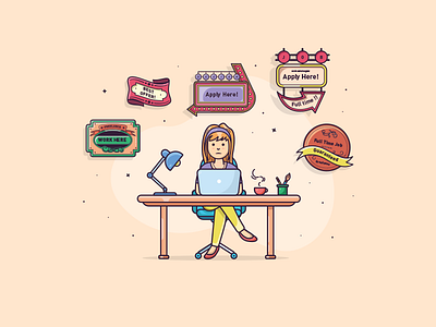 Girl at a desk advertisement badges desk flat illustration freelance girl illustration graphic design illustration illustration art job minimal retro ad retro badge