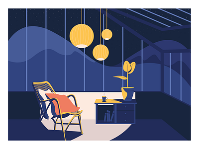 Winter garden - Illustration chair coffee colours contrast cosy dark flat garden house illustration light lightning pillows plant purple shadow silence snow winter yellow