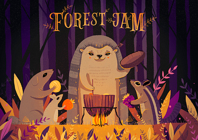 Forest Jam art autum book cover children children book chipmunk cute editorial fire forest friends hedgehog illustration illustration for kids jam kids kids illustration postcard procreate publishing