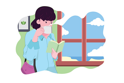 Drinking coffee before go to work coffee design drawing flat flat design illustration ilustrator minimal reading vector vector drawing woman work working