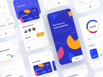 Mobile Banking App bank banking card chart credit card expenses financial home iphone login menu mobile app mobile ui overview pie chart presentation screen sign in slider statistics