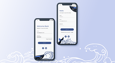 Daily UI Challenge #001 ▹ Sign Up for Save The Whales Campaign app app design blue campaign design illustration login mobile ui register sign in sign up ui whale