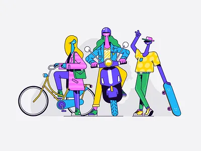 The cool kids app bicycle bike character friends group hipster illustration kids landingpage patswerk skate skateboard teenager ui vector woman
