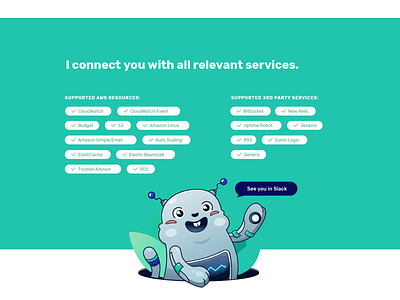 Marbot supported Features amazon web services aws bot character design cute features flat illustration list marmot mascot robot slack supported tagcloud tags vector web website