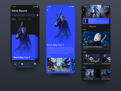 Gamer App 3 app black blue branding design game graphic icon icons interface ios mobile player review square ui ux video walkthrough web