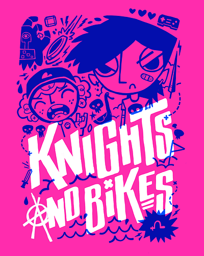 Knights and Bikes Punk Rock Poster 80s 90s blake stevenson cartoon character design cute goonies hipster illustration jetpacks and rollerskates retro skull toronto video games