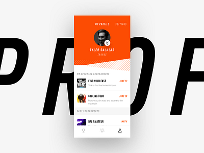 Profile app black bold clean design hellohello interface lines list minimal my profile orange profile settings simple sport tournament ui ux white