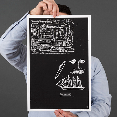 Penmanship poster black bw custom design hand handdrawn illustration letter lettering letters man pen pen and ink poster print printing ship type white