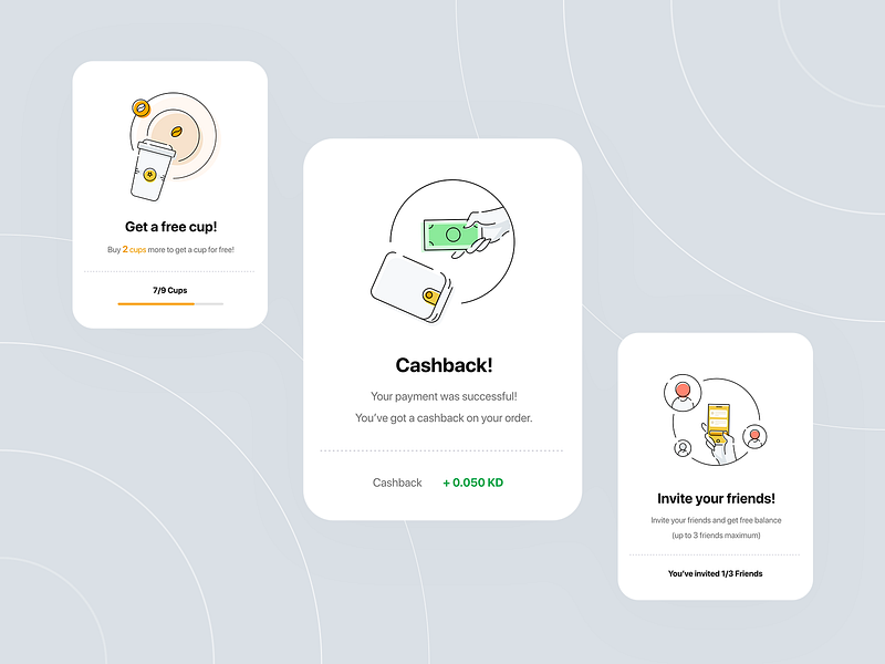 Popup Illustrations app cashback coffee cup cupz design free icons illustration invite friends iphone popup mobile onboarding popups share app ui ux web design