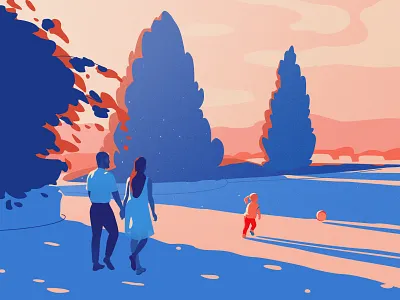 Summer walk art child couple design girl illustration landscape light parents relationship sky vector woman
