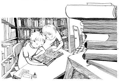 Looking for a spells. Book illustration. black white black and white book illustration boys childrens childrens book childrens illustration education elementary fairytale illustration ink library