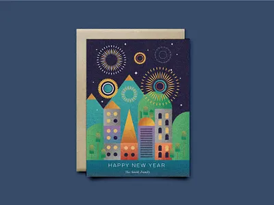 Happy New Year building fireworks greeting card happy new year hill house landscape mountain night stationery vector