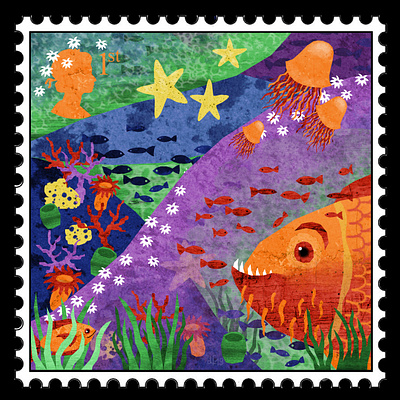 Stamp 1: Water corals fish illustration illustration art illustration design illustrations ocean royal mail squid stamp underwater water