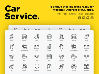Car Service | 16 Thin Line Icons Set auto battery car check computer diagnostics design drive engine gear hand helm icon jack laptop logo mechanic modern motor oil