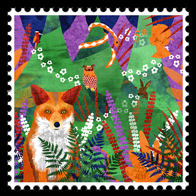 Stamp 5: Forest europe fir tree flowers forest fox hare illustration illustration art illustration design illustrations illustrator owl pine tree snake trees woodpecker