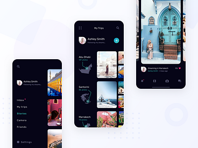 Photography / Travel App app camera dark gallery green ios journey map menu mobile modern photography photos tourism travel travel app trip trips ui uiux
