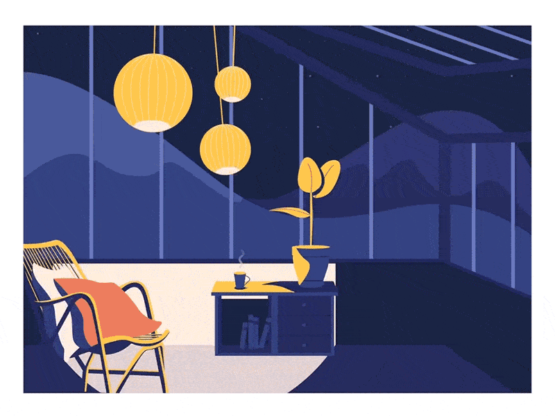 Winter Garden - Animation 2d animation animation 2d books chair coffee colours contrast dark illustration light motion design moutains pillows plants purple shadow stars winter garden yellow