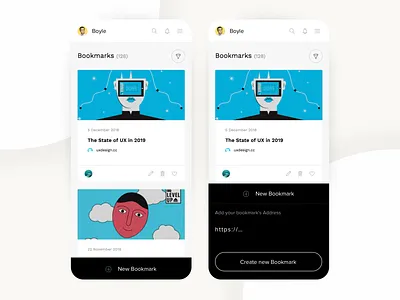 Bookmarking App 2019 app application black white cards design minimal ui ux