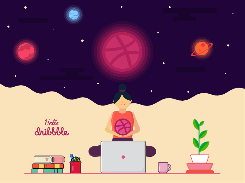 hello dribble animation dribbble first shot flat gif girl hello hello dribble illustration planet space vector