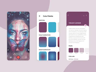 Color Palette and Picker App andriod design app app design app ui camera app color color palette color picker color scheme color tool colorful colors colours creative design gradient ios design lavender picker picker tool