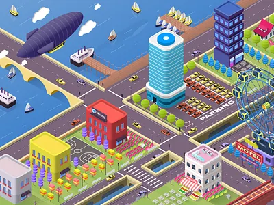 Skooby Town app building car city garage motel parking rides road ship trees ui uiux ux water