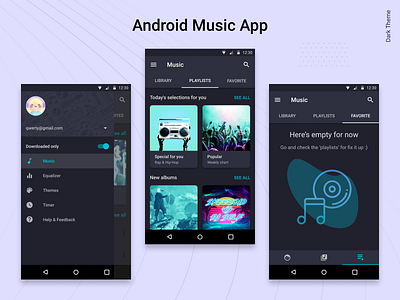 Android Music Player App. The Dark Theme. account accounts android android app animation artists dark ui design light ui mobile app music music app product design search tabs vector