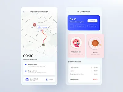 Breakfast app afternoon tea app blue breakfast card card design clean page delivery design food illustration map order details pink ui ux vector