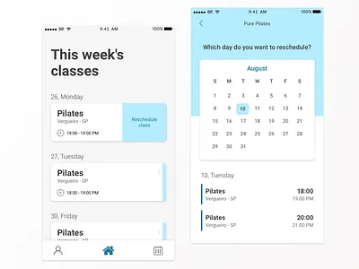 Pilates app UI app calendar calendar 2019 calendar app clean debut home icon interface ios pilates product sketch typography ui uidesign uiux user experience userinterface ux