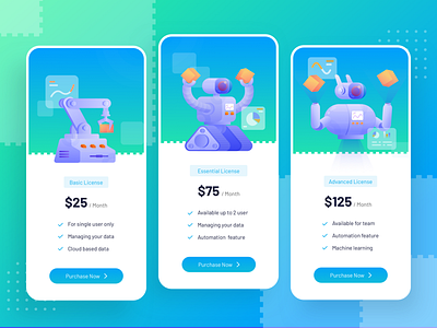 Artificial Intelligence Software Pricing Exploration apps artificial intelligence automation blue illustration noansa pricing purple robotic software tech ui uiux vector website