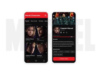 Marvel Characters app avengers characters clean color concept creative dailyui dark ui design dribbble inspiration interaction design marvel minimal shot typography ui ui ux ux