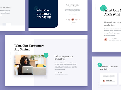Layout Explorations - Testimonial Section avatar card clean client comments customers design desktop happy landing page paragraph section slide testimonial title ui web website
