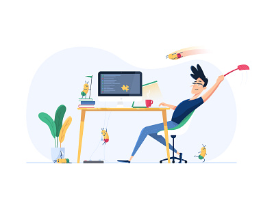 Under Pressure bugs character character design computer desk desktop fireart fireart studio flat illustration fly guy hero image hit illustraion mac man programmer working working space