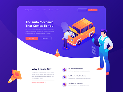 Bengkelan - Auto Repair at Your Home Header Website 3d adobe illustrator car car repair character header hero illustration illustration isometric landing page orange purple sketch ui uiux web website