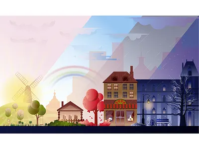 seasons city illustration landscape light morning nature night rain snow vector