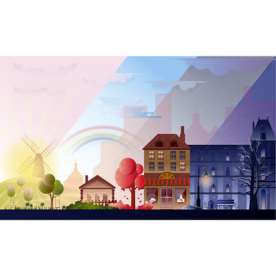 seasons city illustration landscape light morning nature night rain snow vector