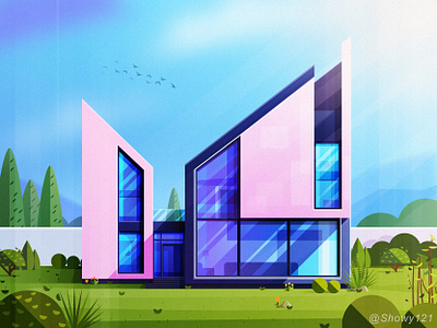 NO.21-Modern villa architecture bird build glass house illustration light plant sky