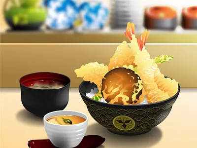 Japanese Cuisine - Tendon adobe illustrator food illustration hyperrealism illustrations japanese food tempura tendon