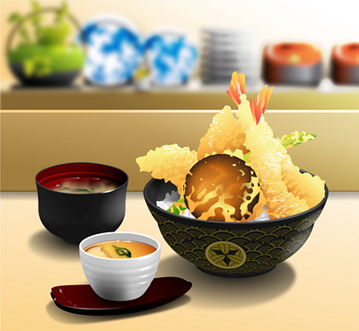 Japanese Cuisine - Tendon adobe illustrator food illustration hyperrealism illustrations japanese food tempura tendon