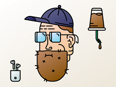 Autoportrait! 2d airpods beard character character design clean coffee design detailed face glasses illustration line minimal portrait vector