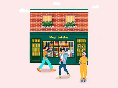 Nancy Bookstore banner book bookstore design girl happy illustration logo love shop street