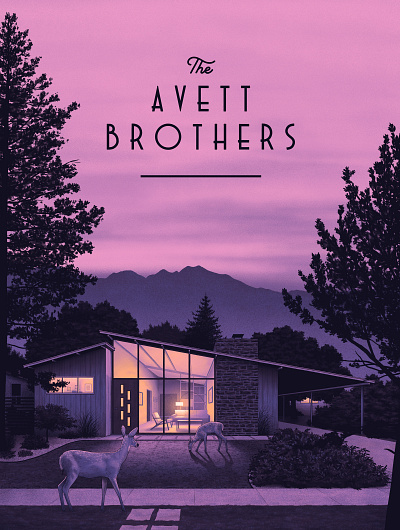The Avett Brothers Poster band concert deer gig poster mid century mid century modern nighttime poster shadows sunset trees utah