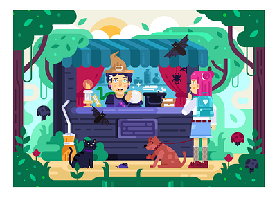 Magic Shop bat boiler bones cat character dog forest girl illustration magic magic ball mouse mushroom shop witch