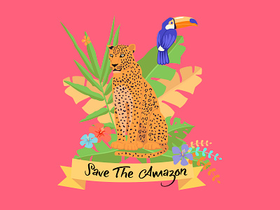 Amazonas te necesita animales aves cartel ecología especies floral flores hojas ilustración infant jaguar mensaje naturaleza proteger tarjeta tigre tucán vector vegetación vida