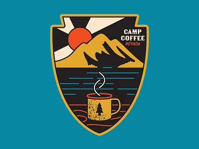 Camp Coffee Patch badge coffee cup design illustration mountain outdoors patch retro simple sunrise