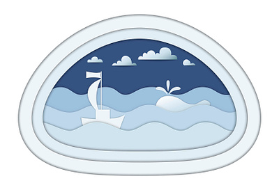 Sea landscape 3d boat cloud flat illustration illustrator minimal ocean paper paper cut papercut sea sky style water waves whale